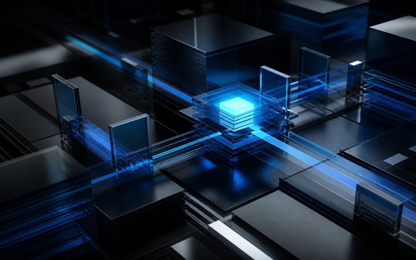 Architectural data pathways converging through governed quality gates